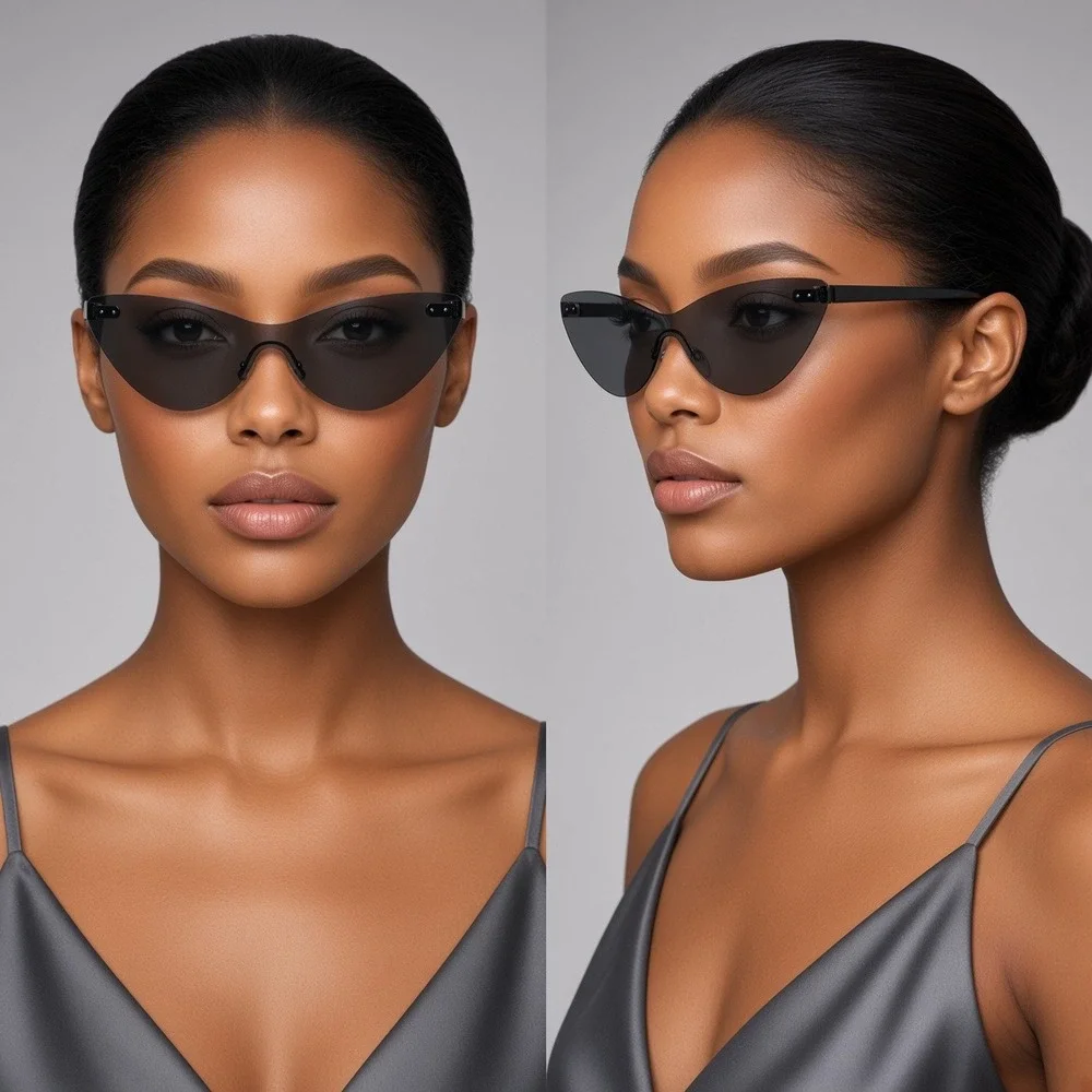 Black Rimless Cat Eye Sunglasses Futuristic Shield Lens Modern Eyewear Women New